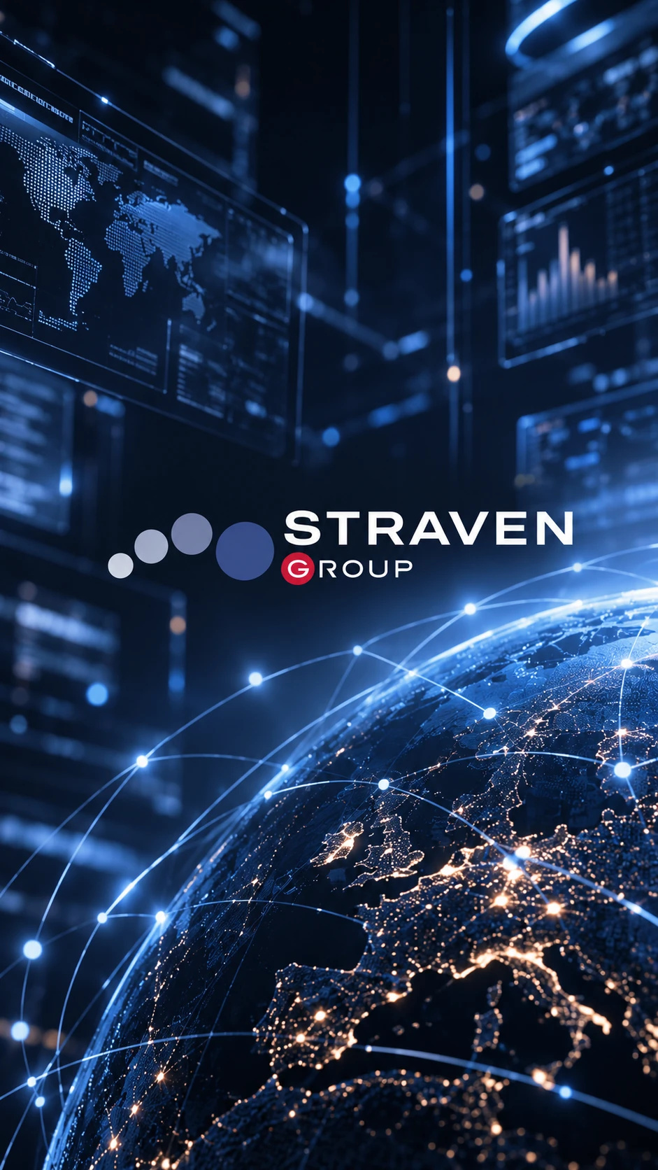 Straven Group logo over a global connectivity image